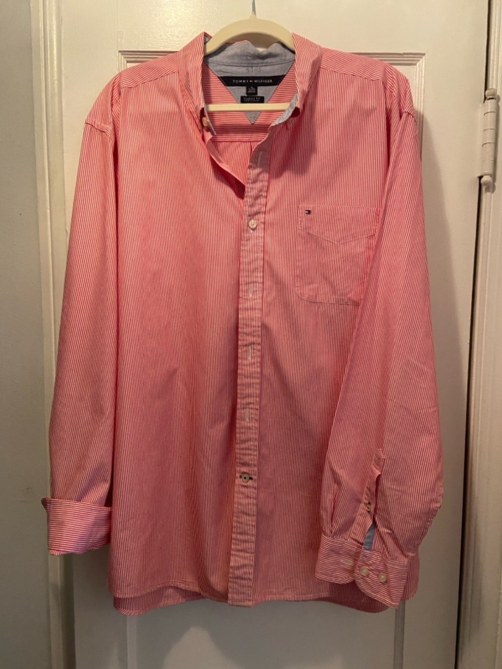 Tommy Hilfiger Men's Red & White Pinstripe Dress Shirt - size XL